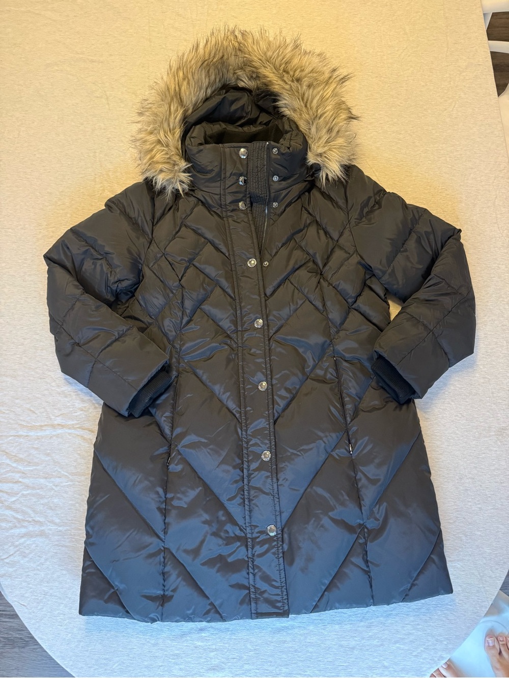 London Fog Black Quilted Puffer Coat with Faux Fur Hood